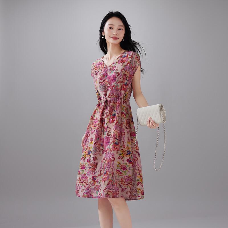 SOFSIL 2026 Summer 100% Silk Chinese Style Print Dress L