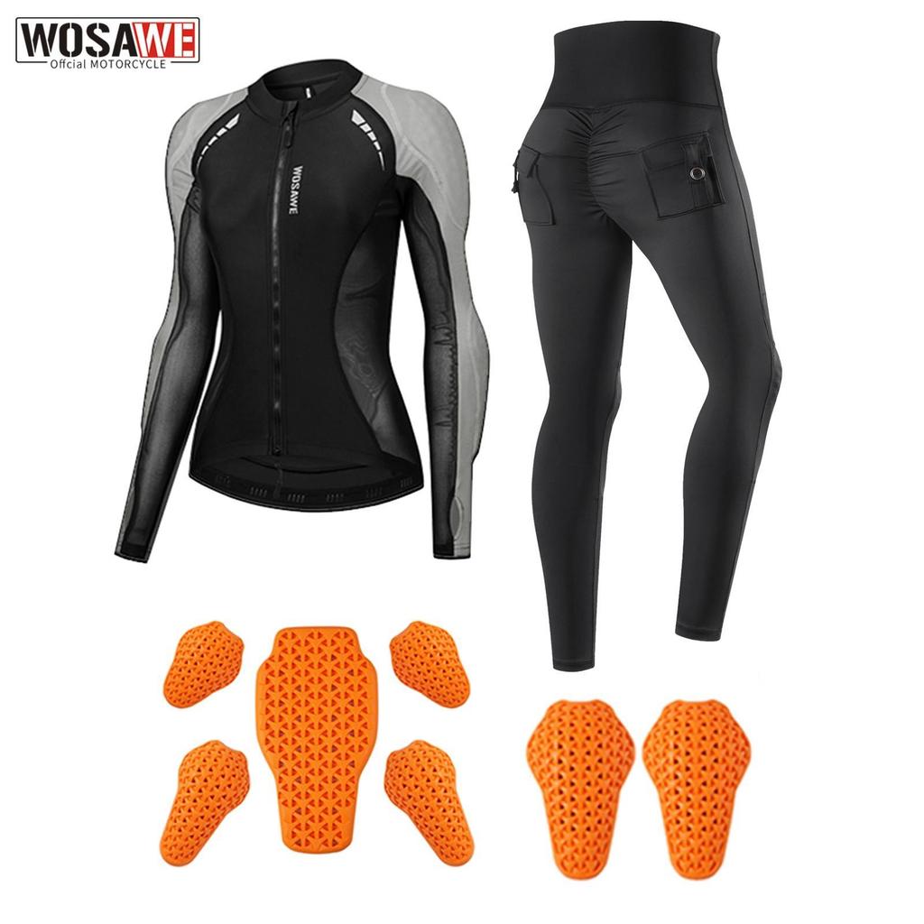 WOSAWE Women Motocross High Stretch Breathable Jacket Removable Soft Pads Slimming Top High Waist Riding Pants Motorcycle Rider Soft Pads Set