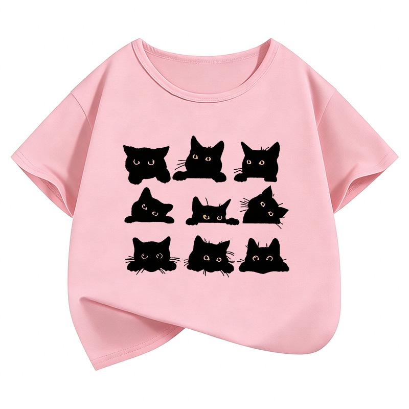 Cute Black Cat Graphic Kids Tshirts Summer Short Sleeve Tees Cartoon Animal Boys Girls Clothes Kawaii Tops Y2K Children Tshirt