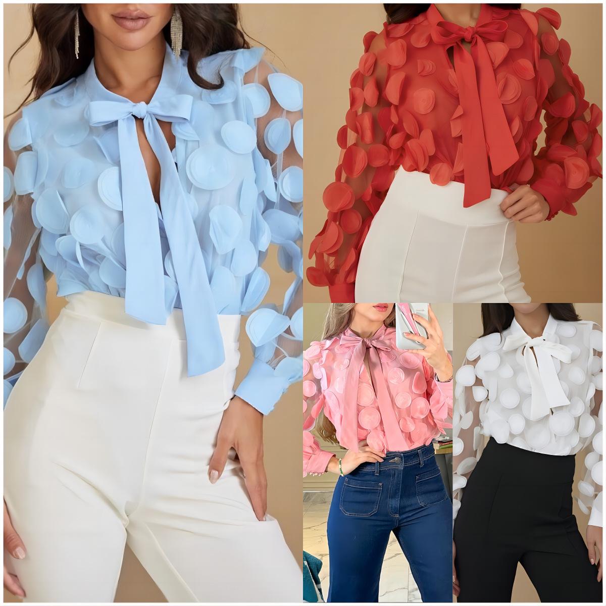 

French Court Style 3D Floral Chiffon Blouse with Hollow Lantern Sleeves S