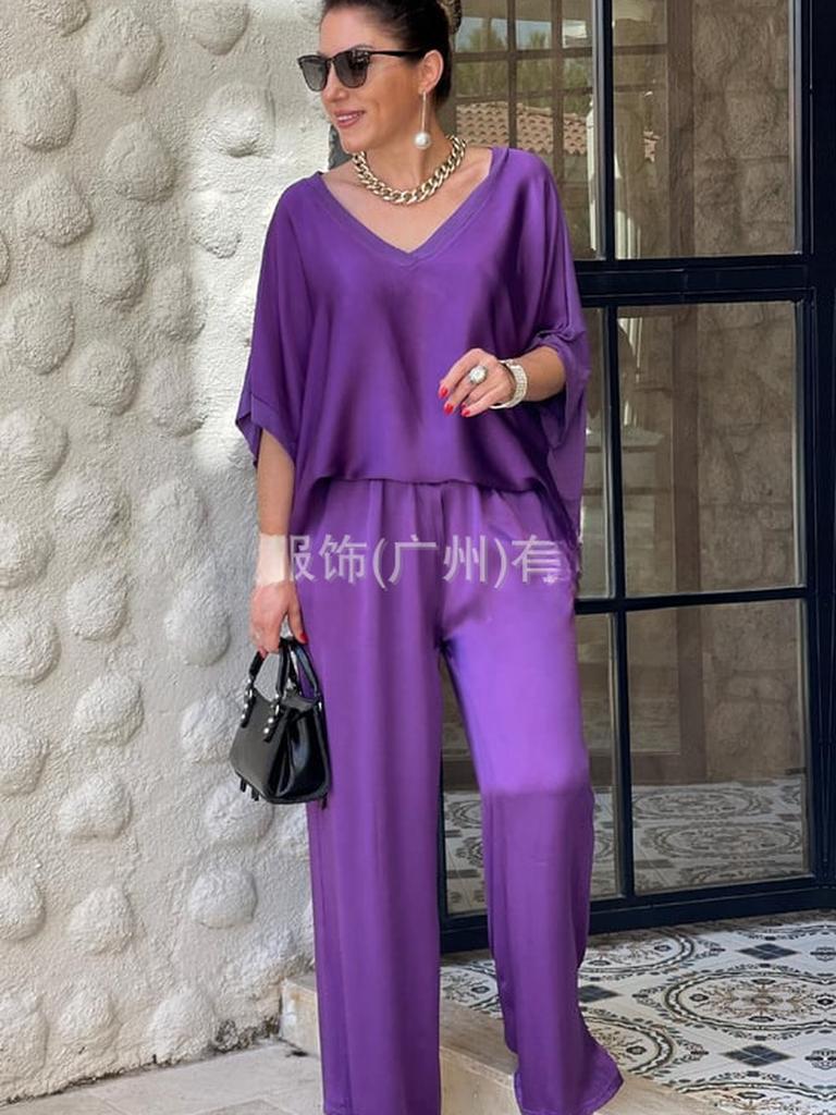 Women's Two Piece Set Pants Spring/Autumn Satin Loose V-Neck Casual Top Wide Leg Pants Fashion Set
