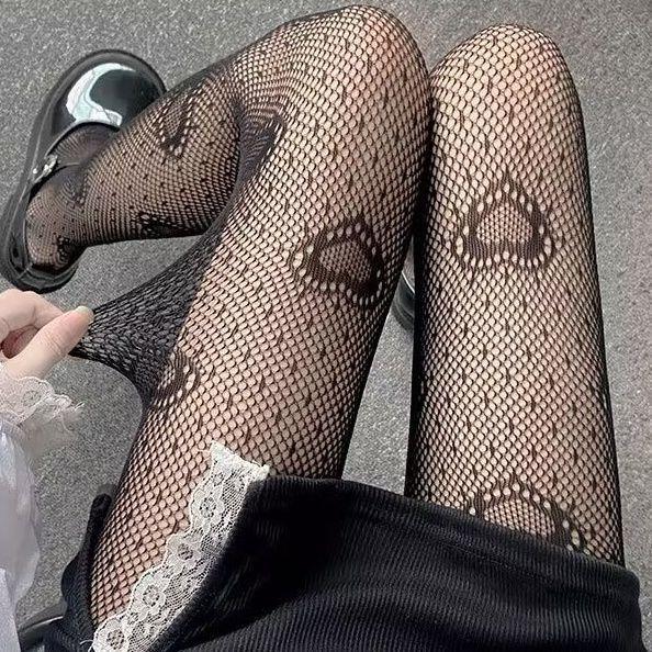 Japanese Cute Girlish Ins-style Pantyhose - Fishnet Stockings, White Silk with Love Heart Jacquard, Sweet Design