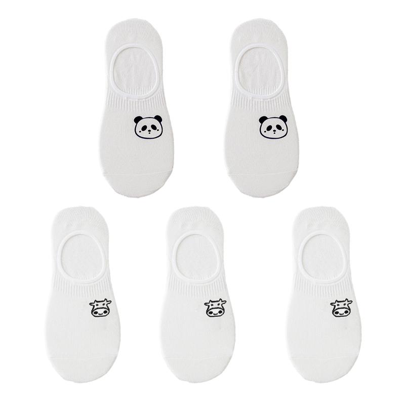 5 Pairs/lot White Cartoon Boat Socks for Women Cute Sketch Thin Summer Shallow Socks Silicone Non-Slip Invisible Crew Socks