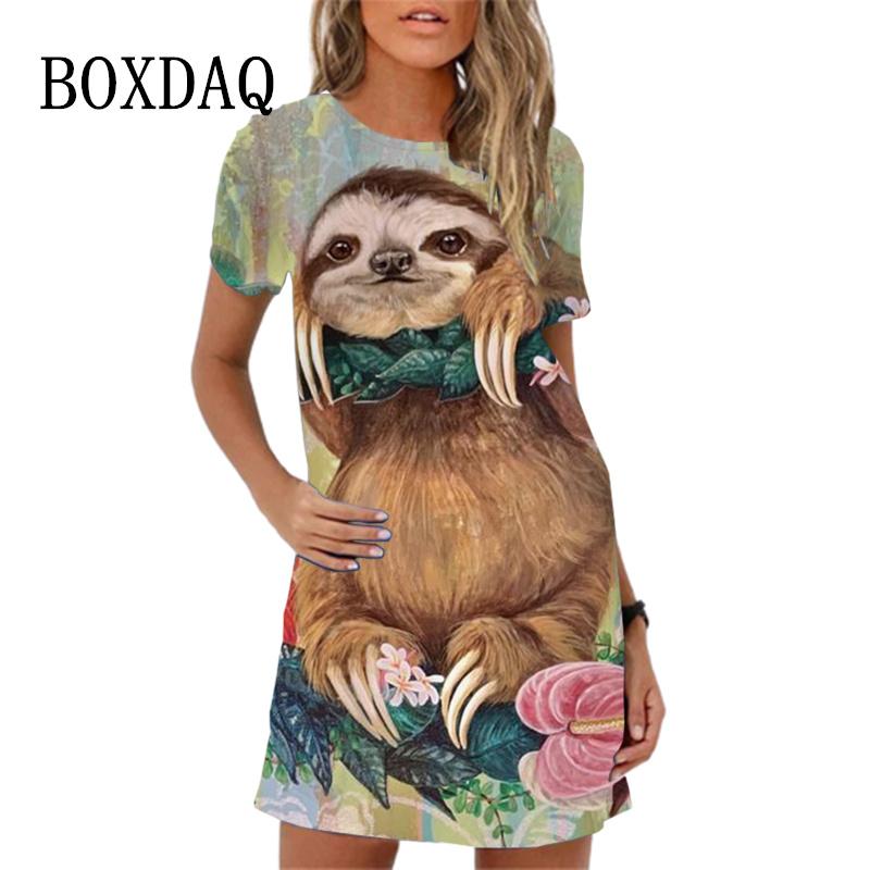 Women's Hip-hop Casual Short Sleeved O-neck A-line Skirt Mini Skirt Street Style Loose Cartoon Printed Dress