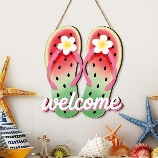 Summer Slippers Hanging Sign Flip Flop Shape Welcome Door Sign Rustic Watermelon Ice Cream Wooden Wreath for Farmhouse Front Door Patio Balcony Wall