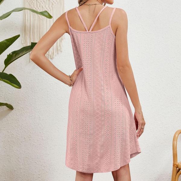 Women's Fashion Casual U Neck Double Shoulder Straps Dress Summer Hollowed Breathble Loose Dress Soft Comfortable Dress
