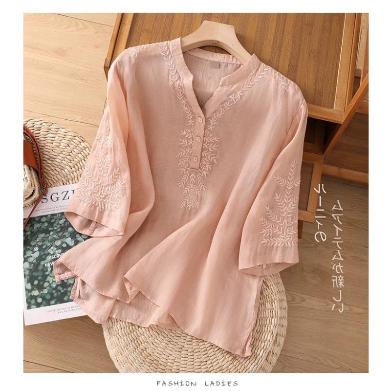 Women S Loose Cotton Embroidered Five Quarter Sleeve Summer Shirt For Middle Aged Moms