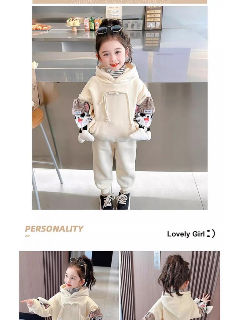 Trendy Girls' Cartoon Sweatshirt and Pants Set - Casual and Sporty Two-Piece Outfit