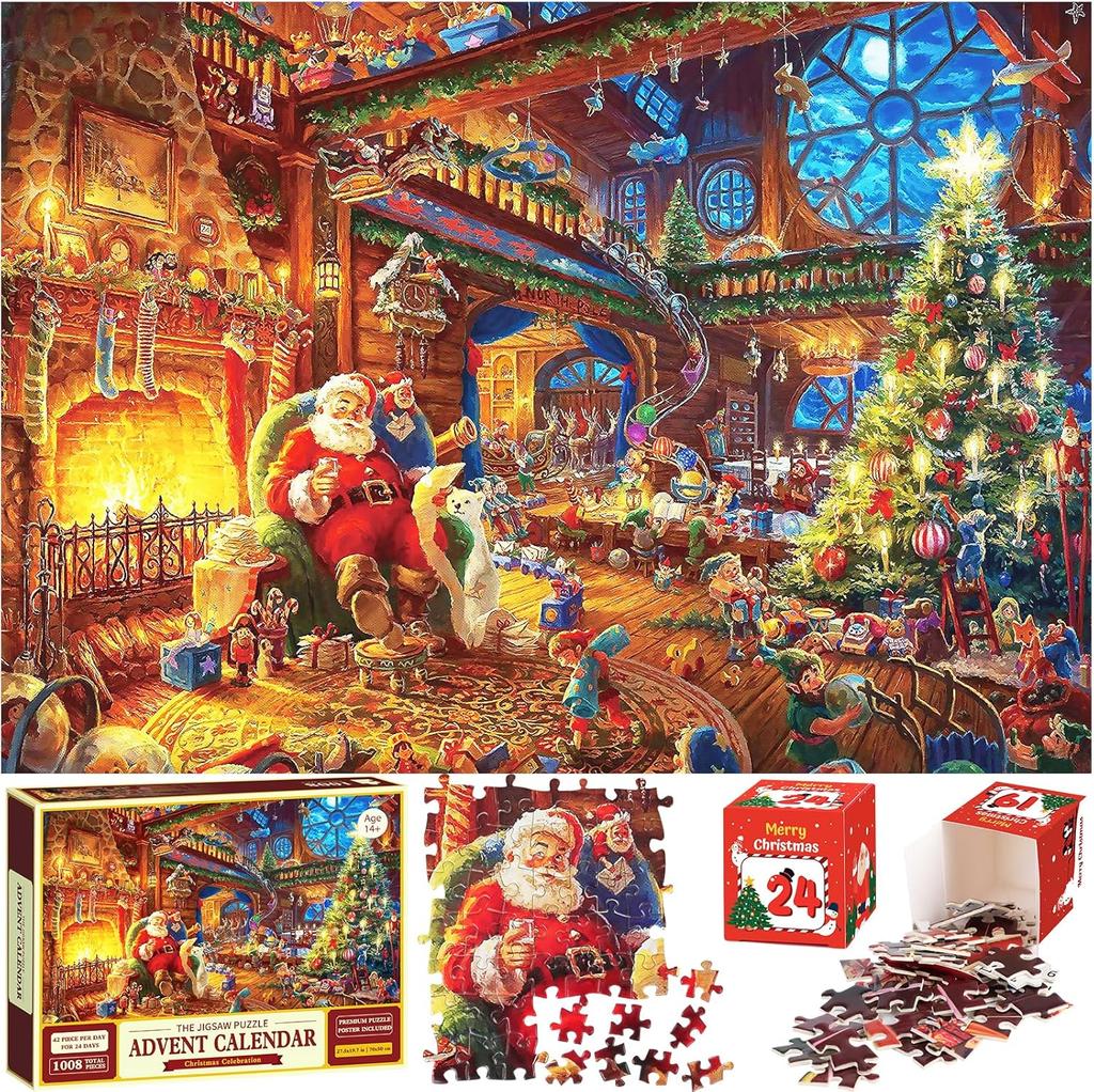 Advent Calendar Christmas Jigsaw Game - Santa Claus, 24 Parts 1000 Piece Advent Calendar Puzzle, Great Christmas Countdow
