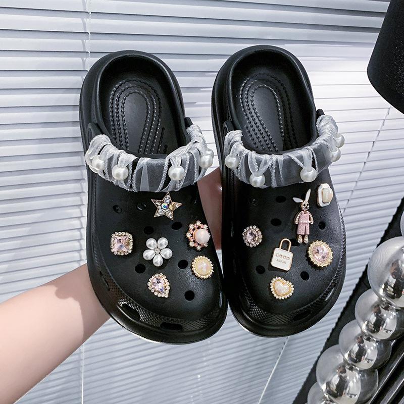 

New bag head sandals women s summer half drag outside wear thick-soled medium heel non-slip hole shoes big head women s shoes 35-36 чёрный