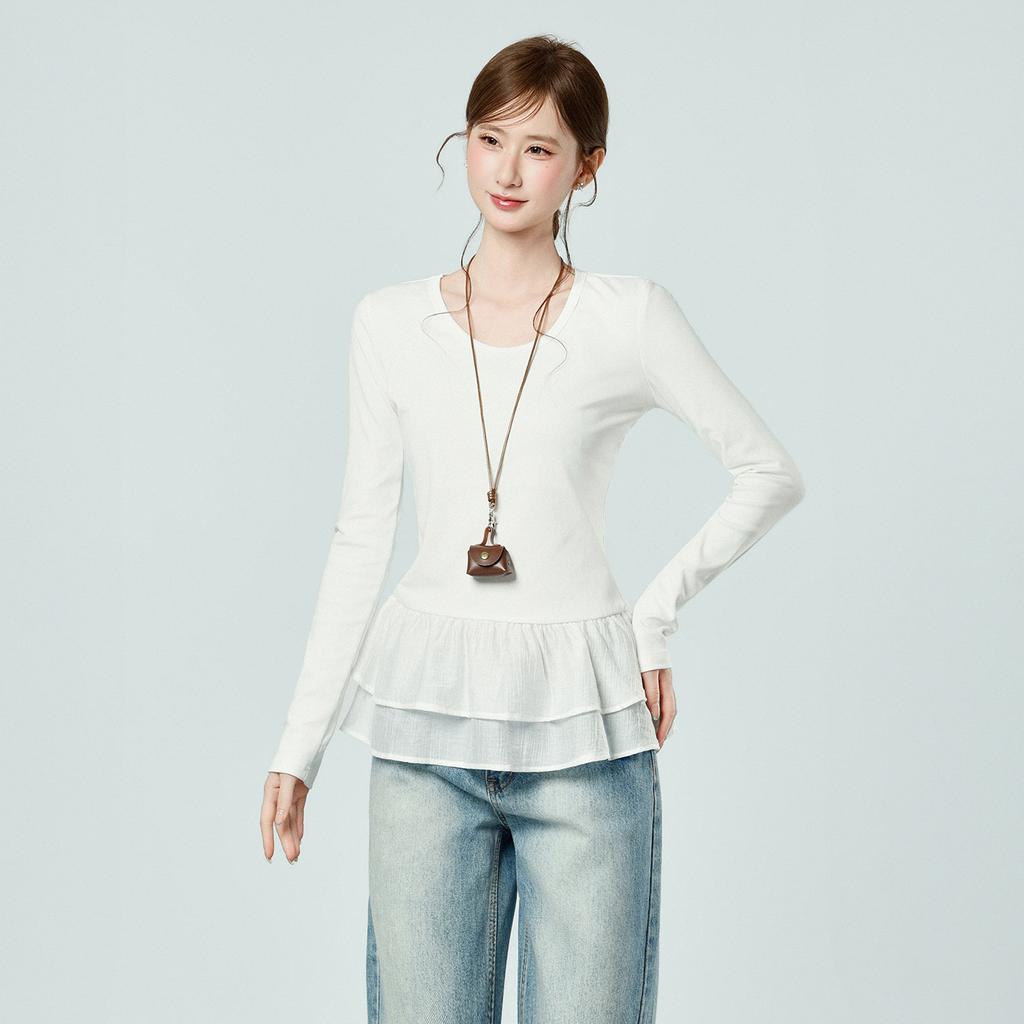 Design sense white round neck lace hem long-sleeved T-shirt winter new bottoming shirt with slim top women's clothing
