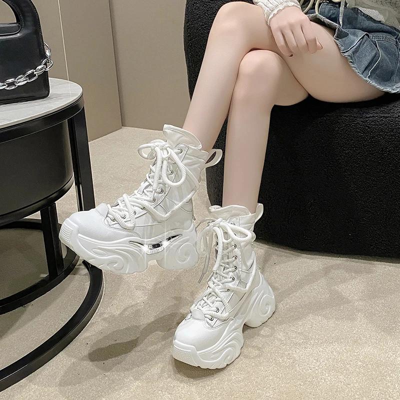 Fashion Women Ankle Boots Autumn Chunky Shoes Woman High Platform Breathable Sneakers 7.5CM Thick Sole Wedges Motorcycles Boots Winter