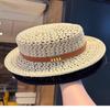Lightweight Breathable Straw Boater Hat Hollow Out Leather Trim UV Protection Cap for Beach Travel Summer Outdoor Use
