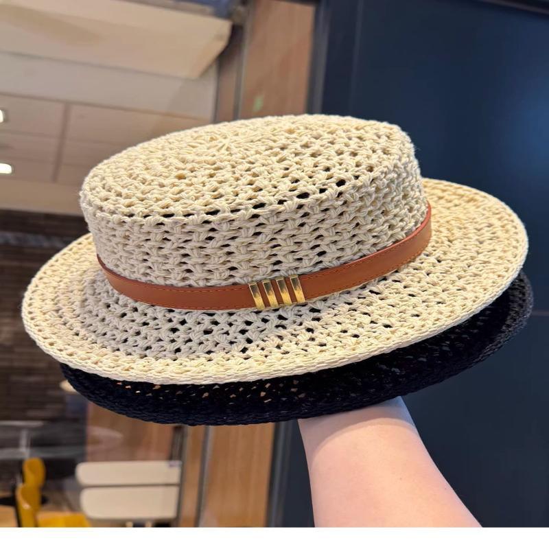 Lightweight Breathable Straw Boater Hat Hollow Out Leather Trim UV Protection Cap for Beach Travel Summer Outdoor Use