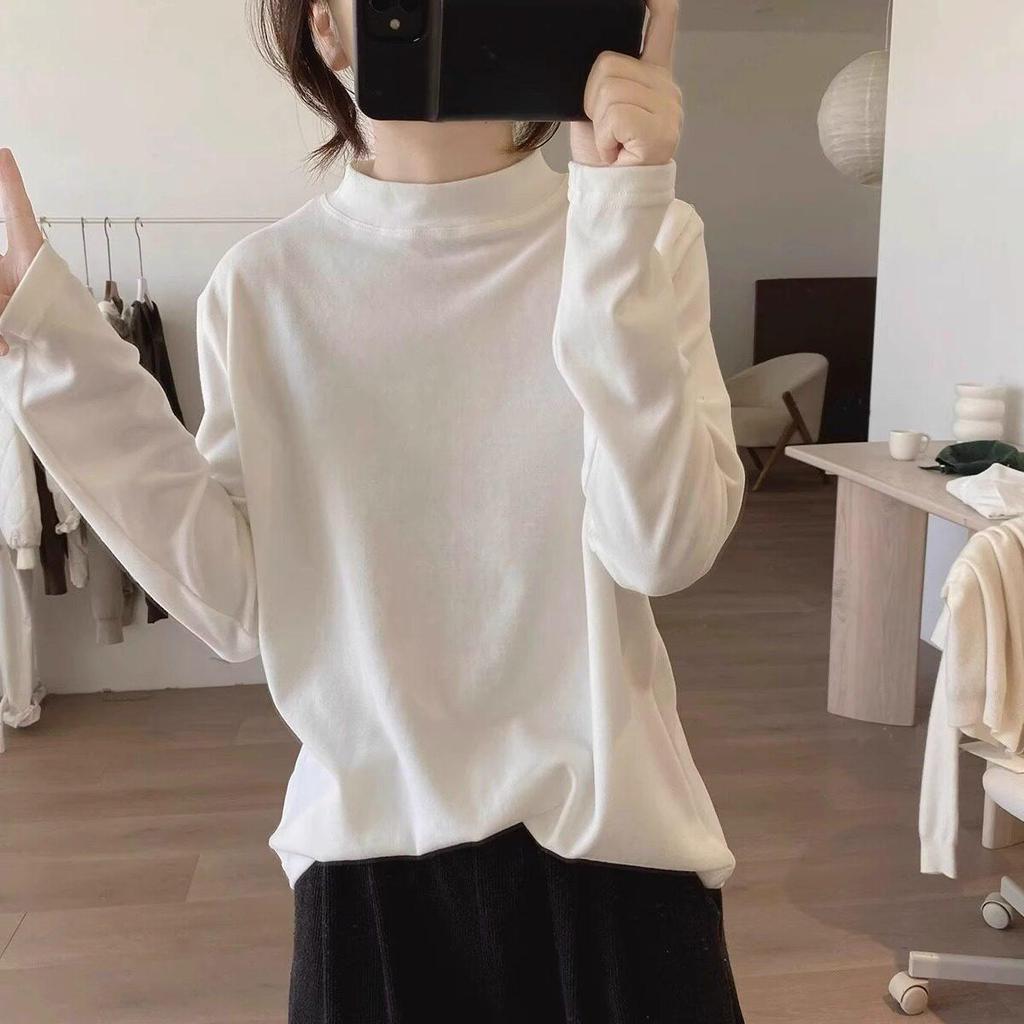 Apricot Soft Sticky Half-High Neck Women's Oversized Long-Sleeve Base Layer Top - Autumn/Winter European Style.