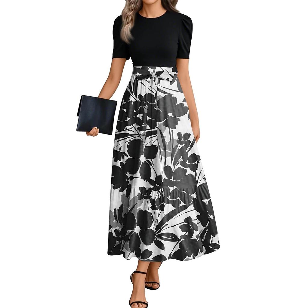 Women's Floral Print High Waist Fashionable And Elegant Dress