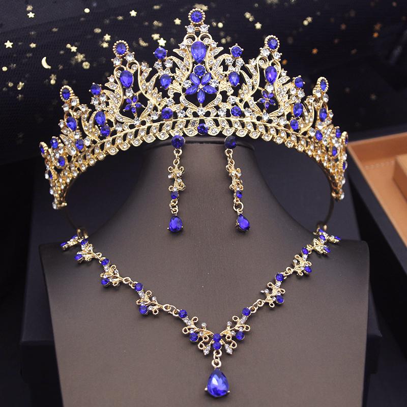 Luxury Blue Colors Bridal Jewelry Sets With Tiaras Princess Wedding Crown Necklace Earrings Set Bride Accessories