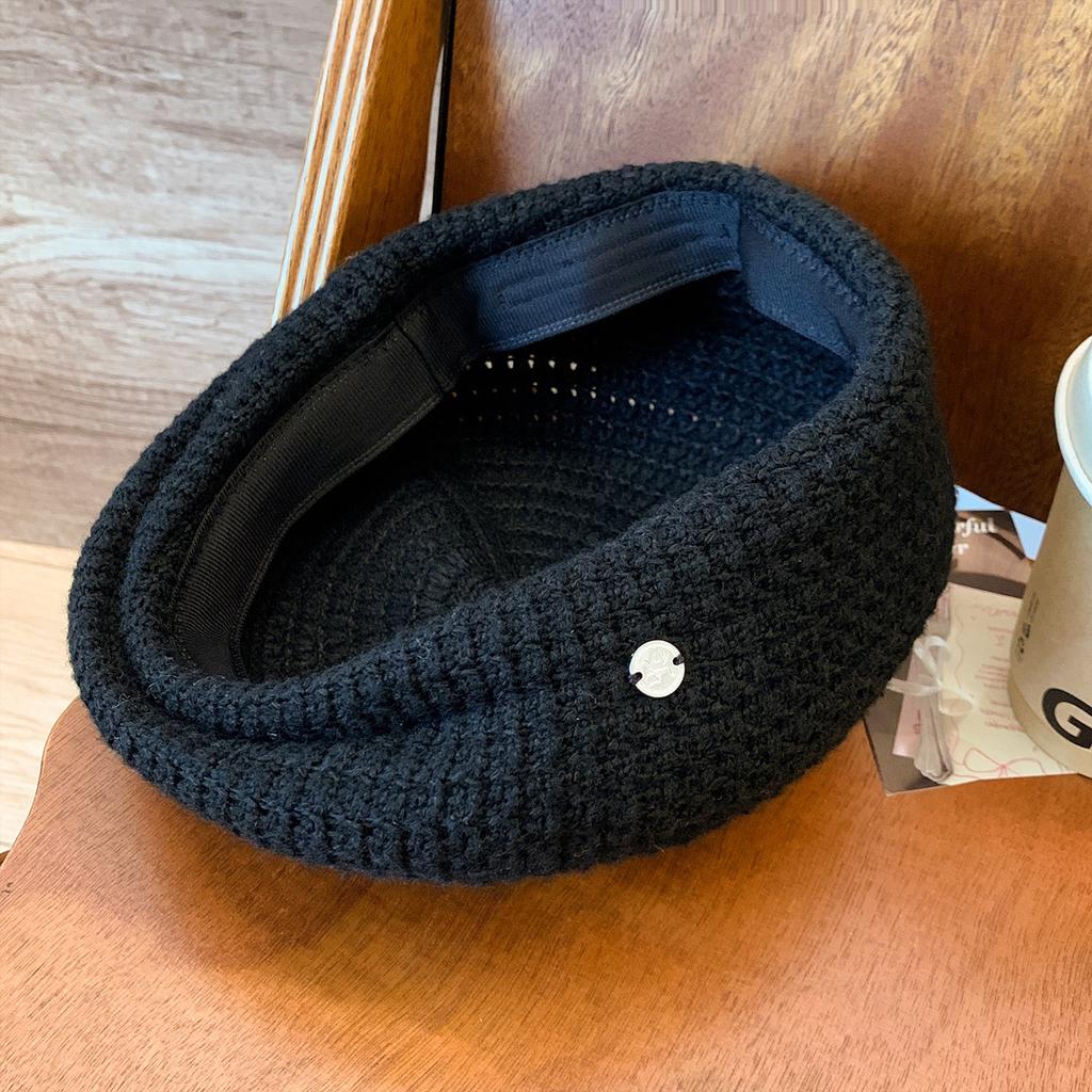 Blue Knitted Hollow Beret Women's Korean Edition Versatile Face Show Small Bud Hat Head Circumstance Painter