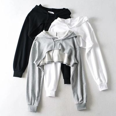 Spring and Summer Women's Fashionable Casual Navel-baring Ultra-short Long-sleeved Hooded Sweatshirt