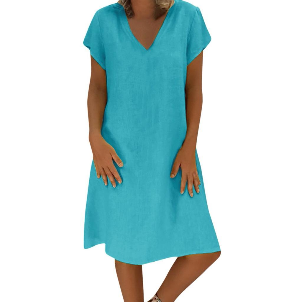 Women's Casual Color Knee Length Dress V-Neck Pullover Loose Short Sleeve Dress