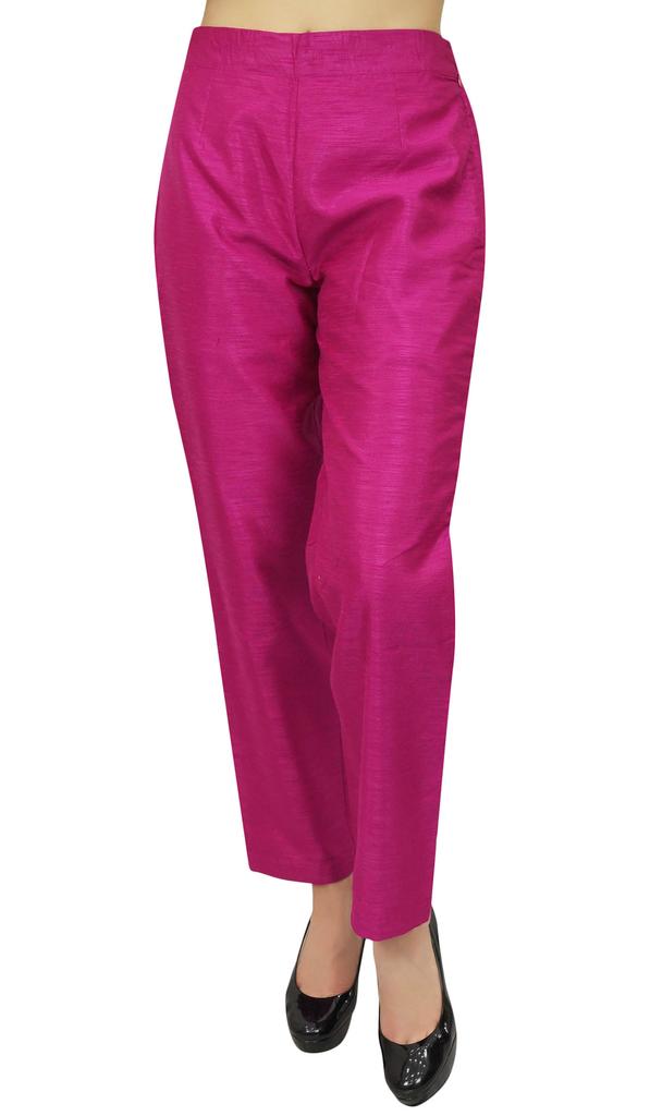 Phagun Women's Beige Dupion Pants High Waist Narrow Bottom Trousers-Large