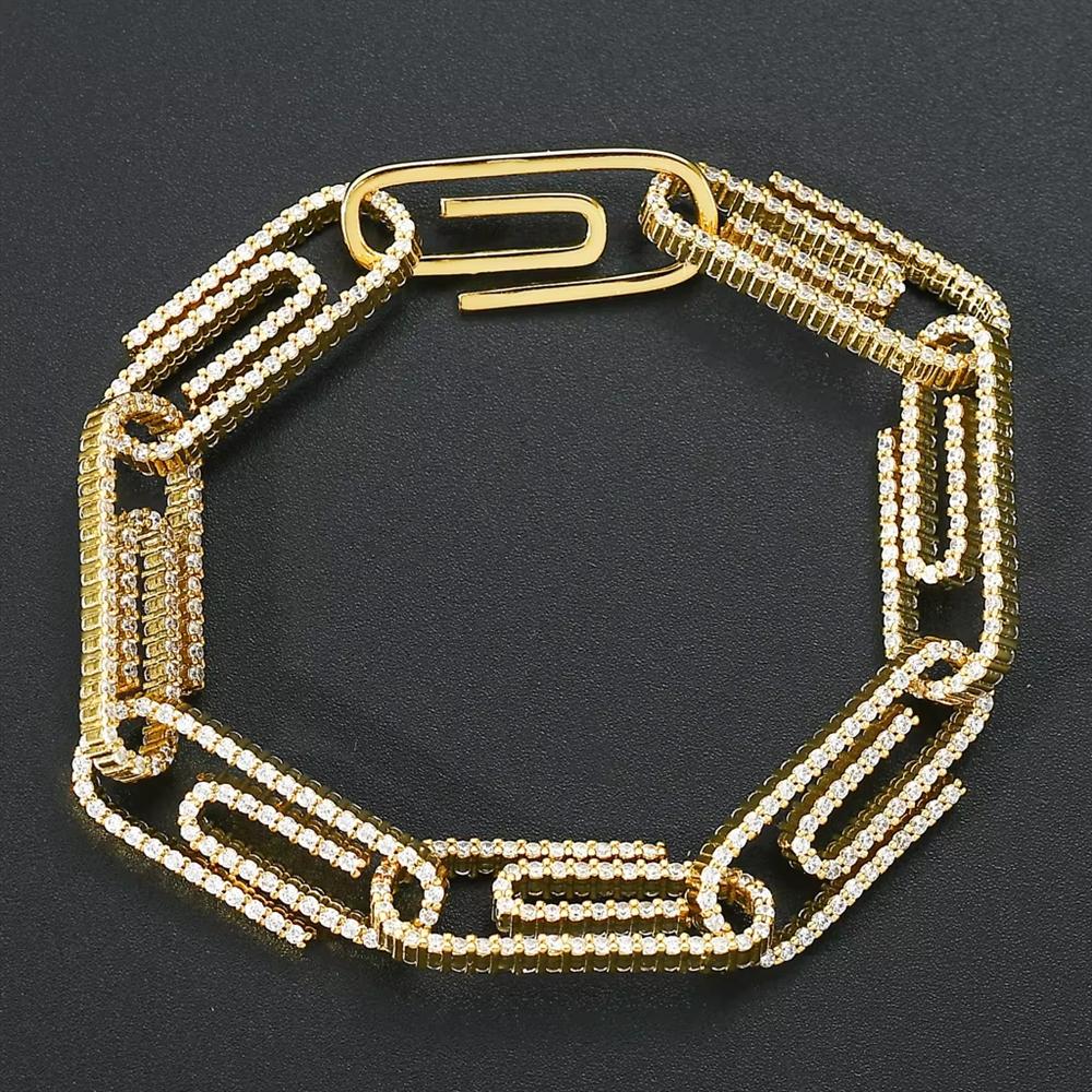 10mm Modisches Hip Hop Goldplattiertes Armband mit Iced Zirkonia Büroklammer Bling Einzigartige Messing Armreifen für Jubiläumspartys