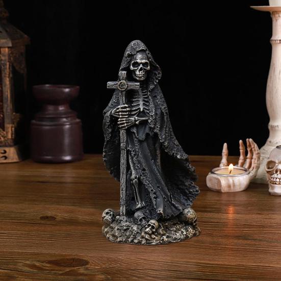 Grim Reaper Statue Halloween Black Horror Robe Sculpture Gothic Resin Santa Muerte Figurine for Halloween Indoor Bookshelf Desk Decor