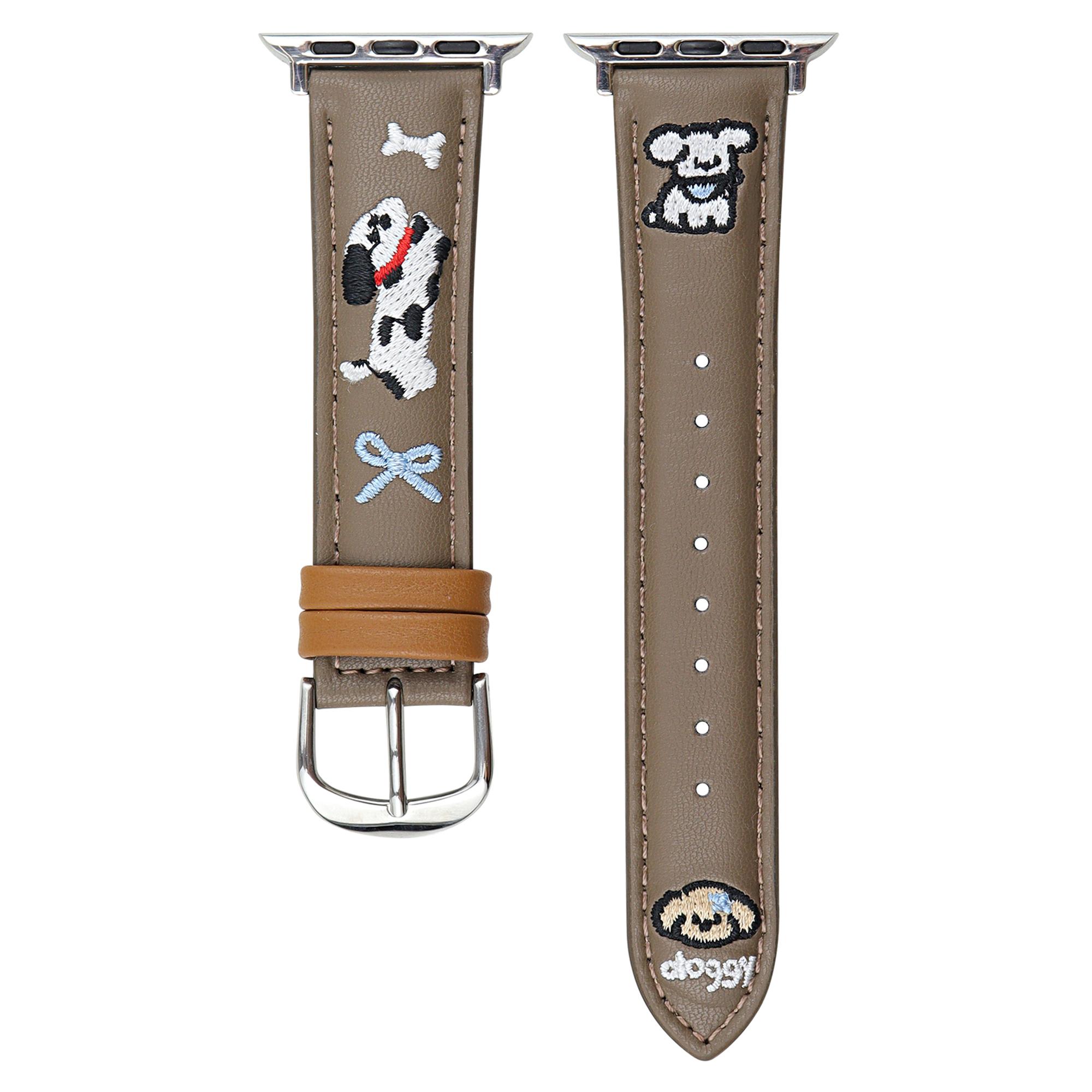 

Embroidered Puppy Leather Strap for Apple Watch Series 10 42mm/9 8 7 41mm/SE (2023) SE (2022) SE 6 5 4 40mm/3 2 1 38mm Dark Coffee