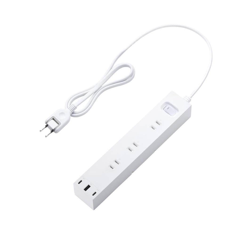 ELECOM ECT-3910WH Power Strip, 30W, 3-Port Type-C to USB-A, 6 Outlets, 1m, with Group Switch, Rotating Legs, and Lightning Guard, White