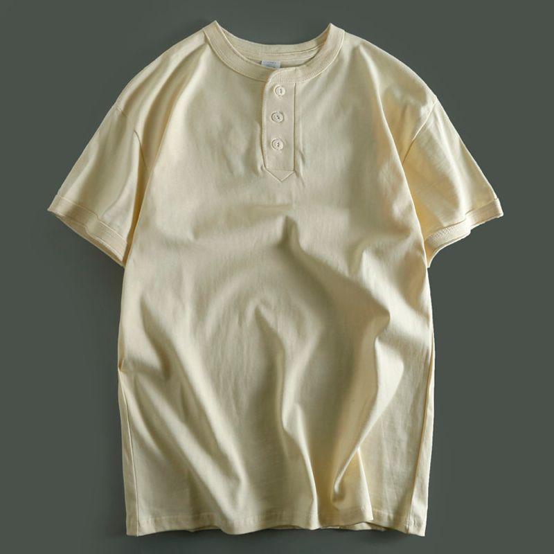 Export Short-Sleeved T-shirt Henry Collar Three-Button Summer Pure Cotton Men's Half Sleeve Wear Bottoming Shirt Tail Goods Cut Label T-shirt Fashion