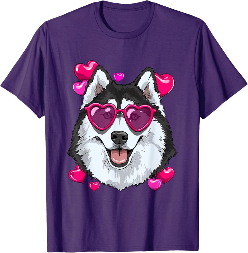 Husky Dog Heart Sunglasses Valentines Day Graphic Tee Soft Cotton Casual Short Sleeve Shirt