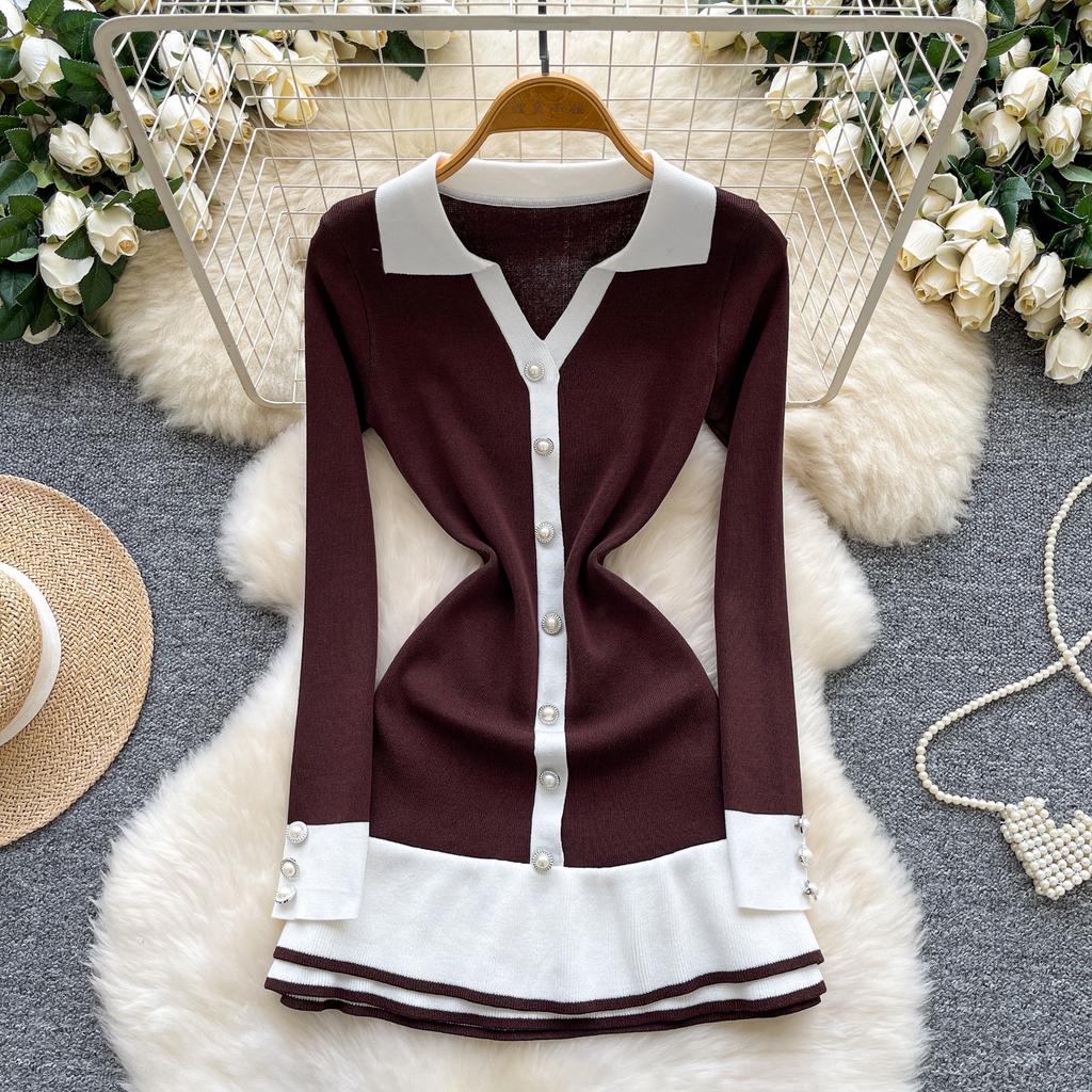 Rochie tricotată elegantă chic cu mânecă lungă și nasturi simpli, Modă coreeană elegantă, Rochie Vestidos, îmbrăcăminte pentru femei