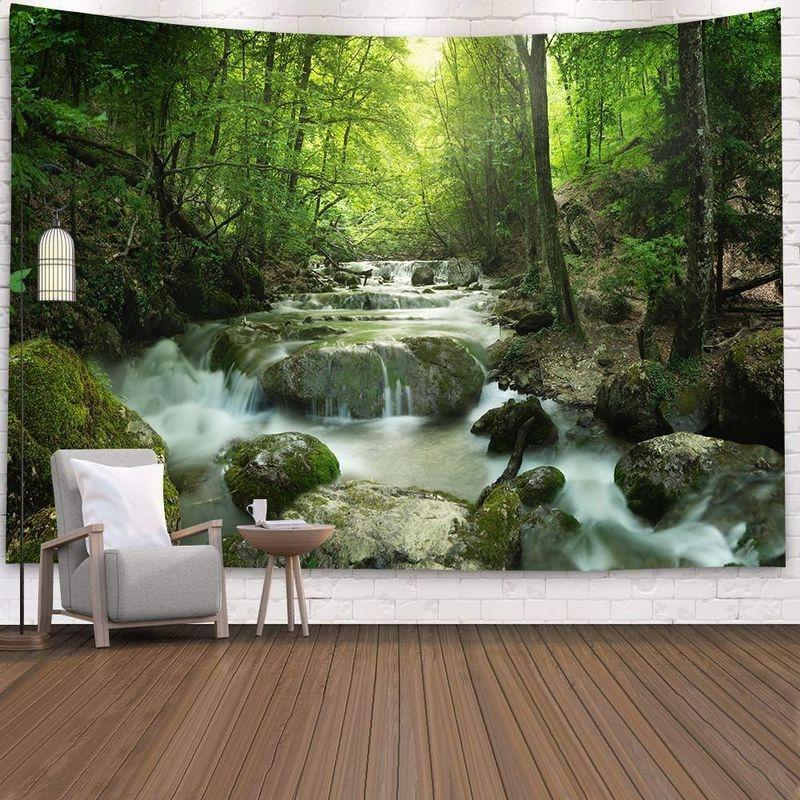 Large Wall Tapestry Green Forest Stream Nature Scenery Tapestry Room Decoration Items For Living Room Bedroom Dorm 100X70CM
