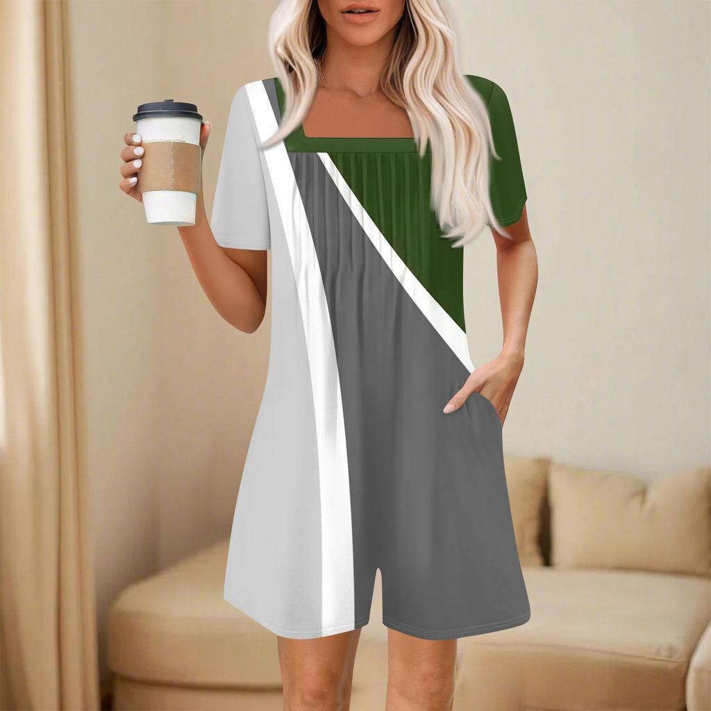 Damen Modischer und Lässiger Kurzarm-Plissee-Taschen-Jumpsuit Bedruckter Jumpsuit Shorts