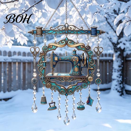 Gift for Tailors And Patchwork Lovers Vintage Sewing Machine Crystal Wind Chime, Acrylic Outdoor Hanging Suncatcher, Indoor Ornament Colorful Pendants