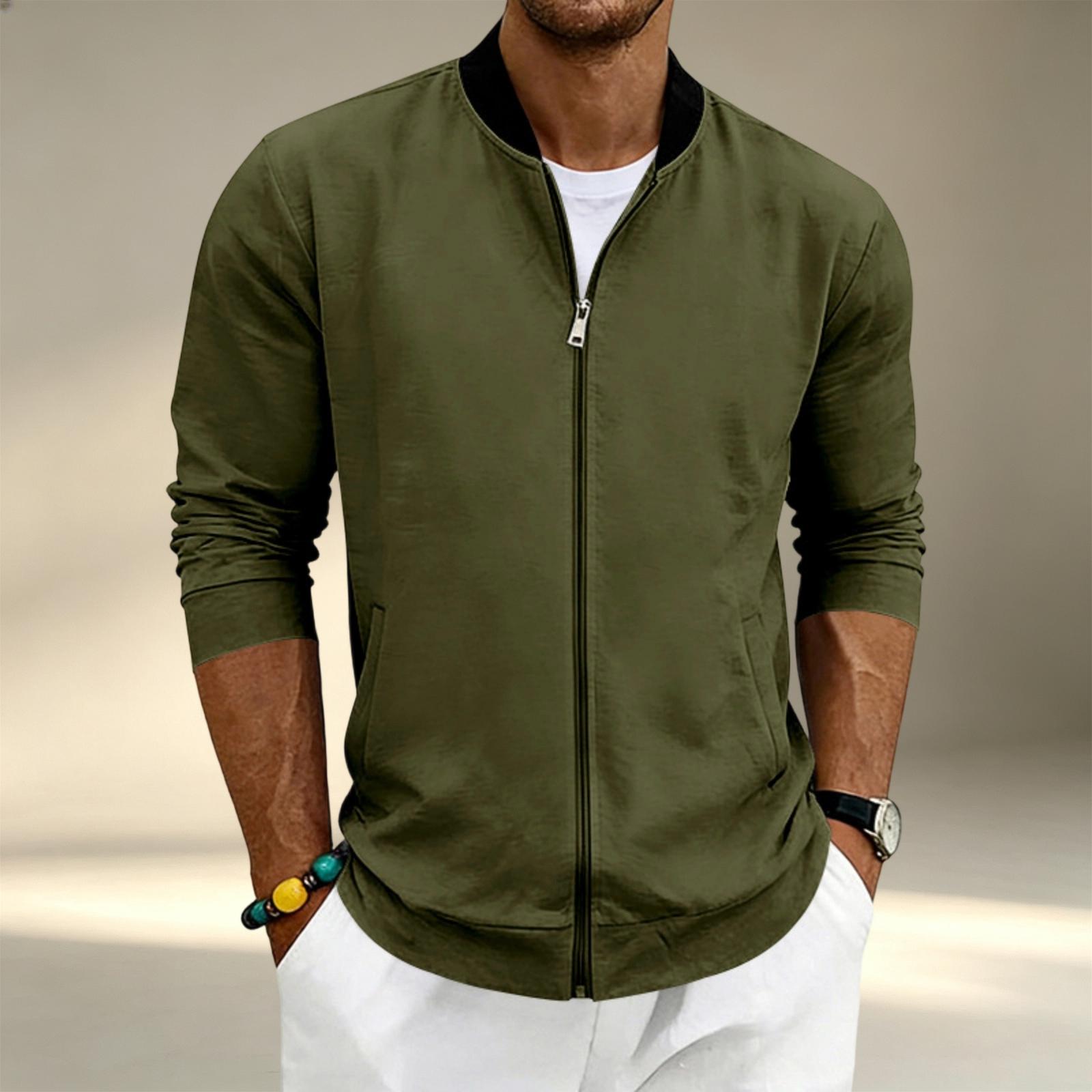 Men s Lightweight Stand Collar Baseball Jacket Long Sleeve Zip Up Sports Coat L армия зеленый
