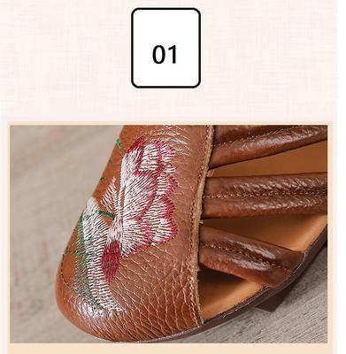 Neue Mid-Heel-Sandalen Frau Sommer Echtleder Schuhe für Frauen bestickte florale Sandale Retro Absatzschuhe Klettverschluss Pumps