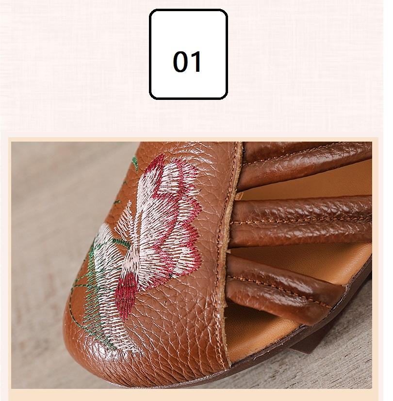 Mode Neue Sandalen mit mittlerem Absatz Frau Sommer Echtleder Schuhe für Frauen bestickte florale Sandale Retro Schuhe mit Absatz Klettverschluss Pumps