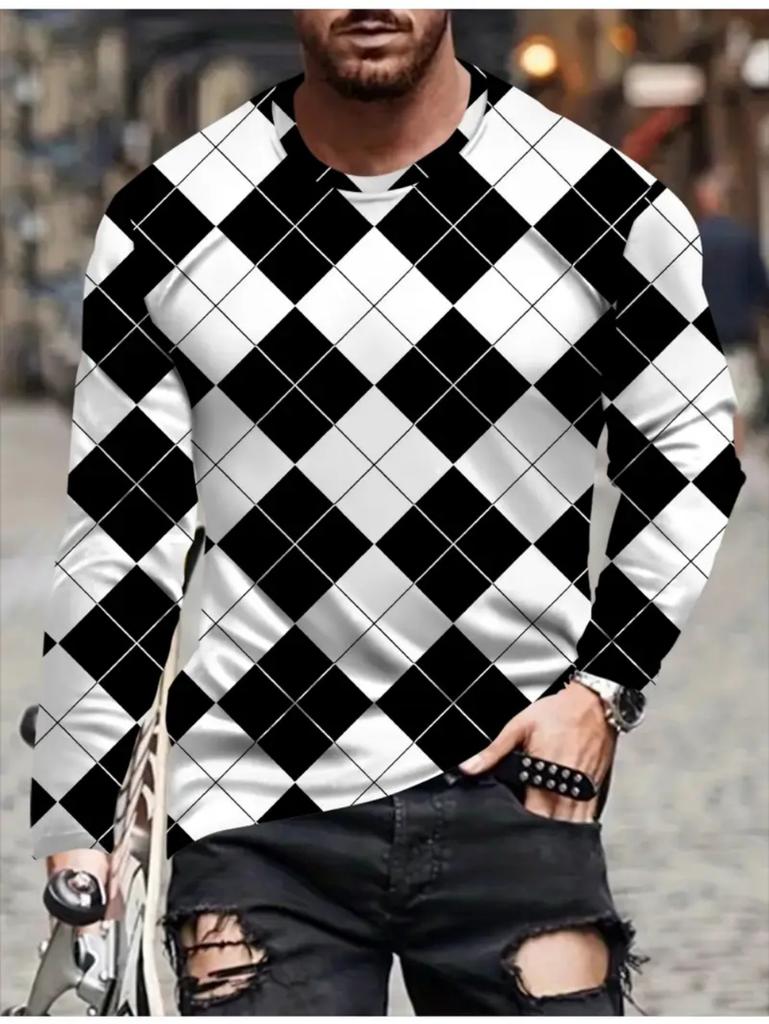 T Shirts for Man Geometric Block 3D Print Autumn Long Sleeve T-Shirt Pullover Casual Male Tops Street Lightweight Men's Clothes