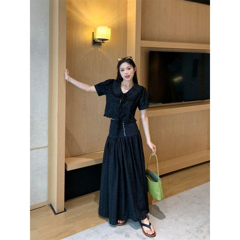 Stylish Lace Embroider Puff Sleeve Shirt Black Suit Women's Autumn Skirt Long Skirt Large Swing Skirt Two-piece Set