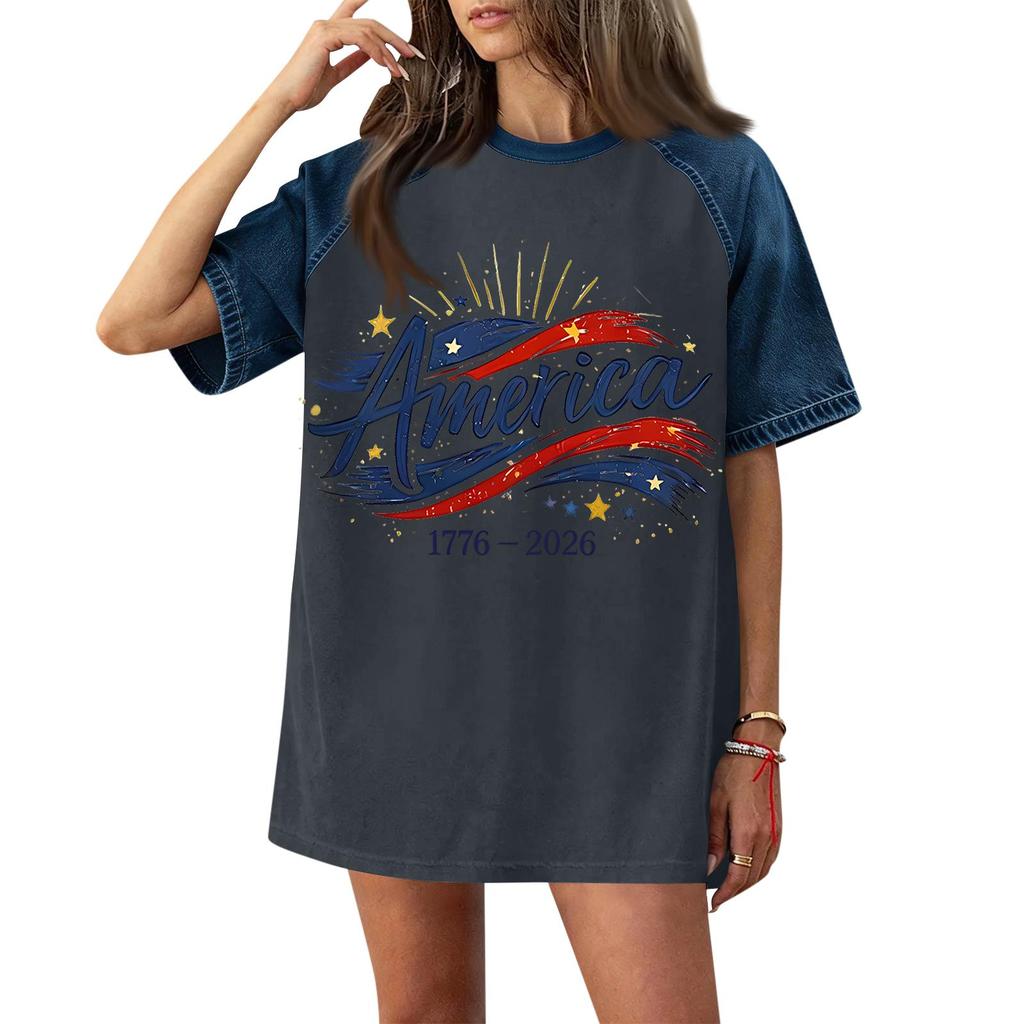 Women's Casual Short Sleeve T-Shirt Denim Patchwork Top 250th Independence Day Graphic Print Comfortable Fit Relaxed Style