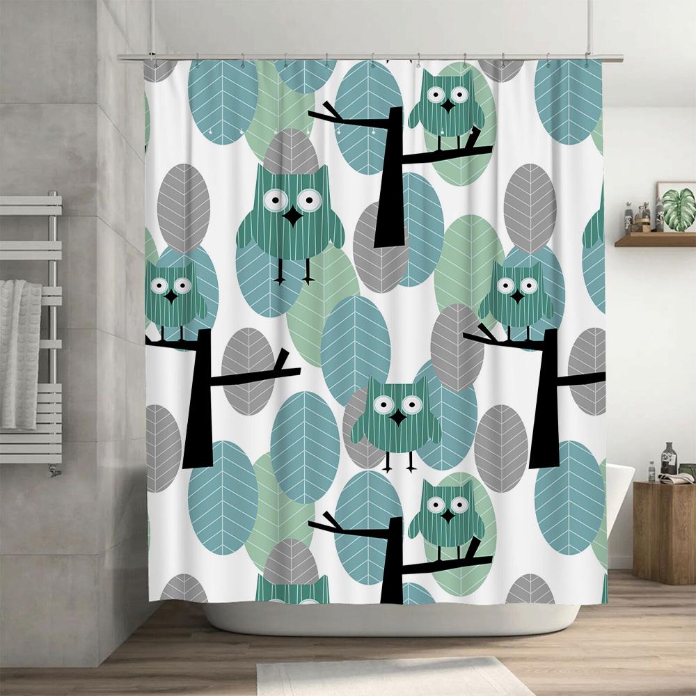 Green Owl Leaf Printed Shower Curtain Set For Bathroom Decor Waterproof Fabric Bath Shower Liner With Hooks (180X245Cm)