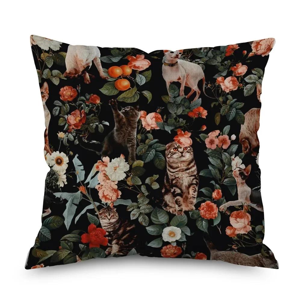 Vintage Floral Leinen Kissenbezug Schwarze Nacht Rose Kissenbezüge Dekorativ Interieur für Heimdeko Kissenhülle für Schlafzimmer 45x45