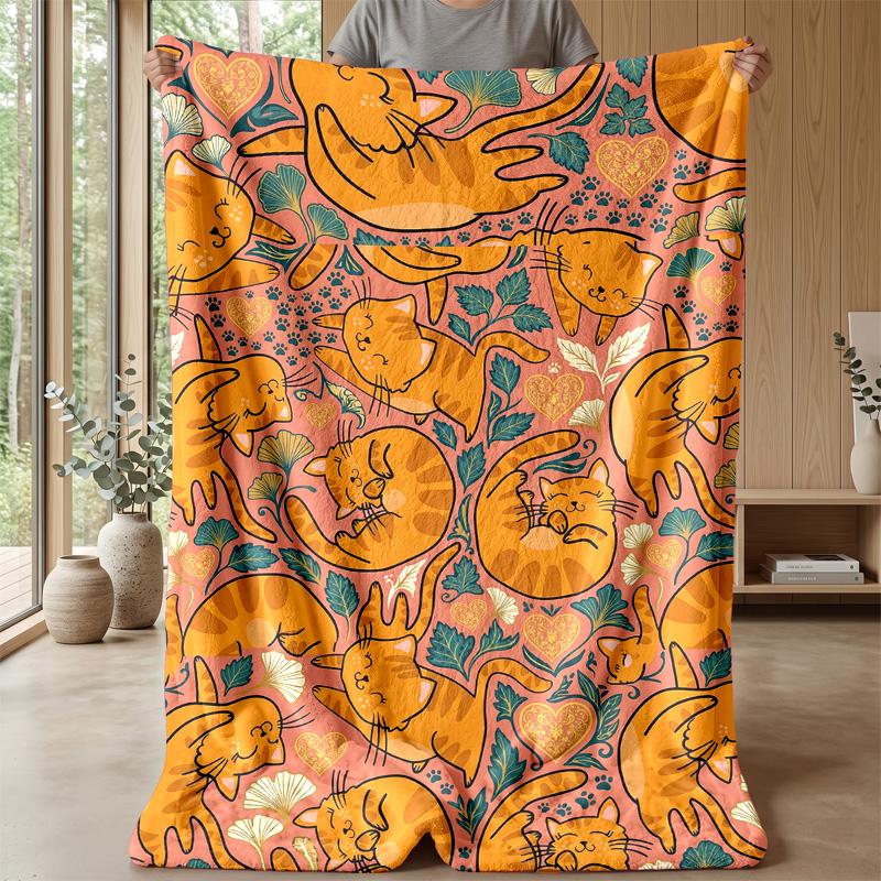 Orange Cats Pattern Theme blanket Lightweight Warm Flannel Blanket Decorative Throw Blanket for Home Decoration