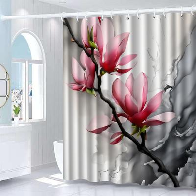 1pc Pink Floral Print Shower Curtain, Polyester Fabric, Machine Washable, with Hooks, Suitable for Bathroom Decoration