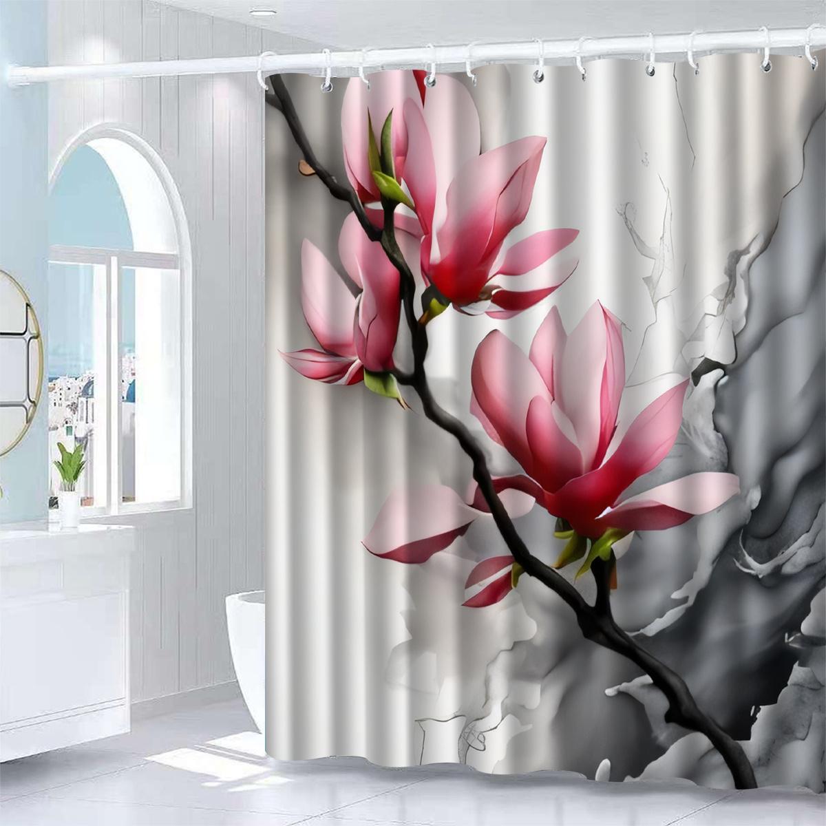 

1Pc Pink Floral Print Shower Curtain, Polyester Fabric, Machine Washable, With Hooks, Suitable For Bathroom Decoration W60H190(CM)-1 Pcs