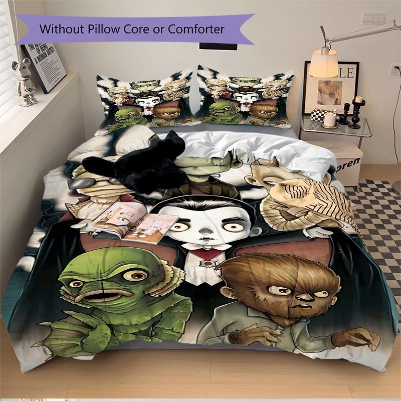 3pcs Halloween Monster Family Bedding Set - Includes One Quilt Cover and Two Pillowcases (No Core) - Anime Cartoon Design - Perfect for Bedroom and Gu