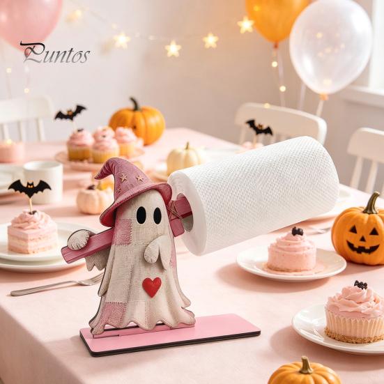 Festive Tabletop Ornament Halloween Wooden Paper Towel Holder, Cute Patchwork Ghost Napkin Stand, Party Supplies Rustic Roll Dispenser for Kitchen
