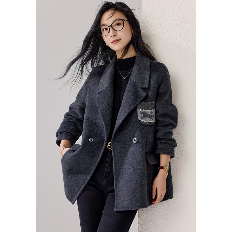 VICTORIA&VERA Women's Wool-Blend Lapel Coat with Pocket Detail