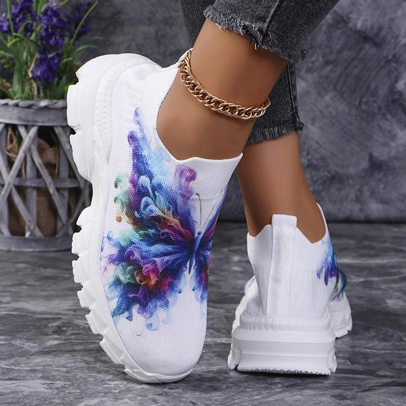 Fashion Fashion Butterfly Print Knit Sneakers for Women Breathable Mesh Platform Sneakers Shoes Woman Plus Size Thick Sole Walking Shoes